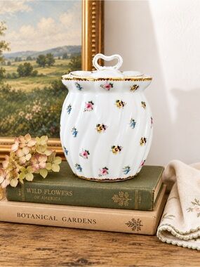 Porcelain Lidded Biscuit Jar Floral Gold Trim Heart Handle England